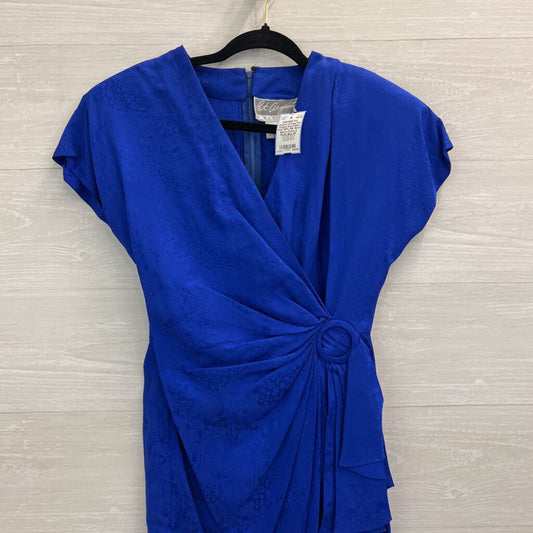 Vintage Pat Argenti Royal Blue Print 100% Silk Short Sleeve Dress 4 Petite