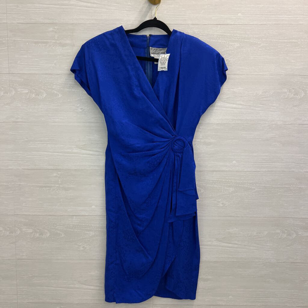 Vintage Pat Argenti Royal Blue Print 100% Silk Short Sleeve Dress 4 Petite