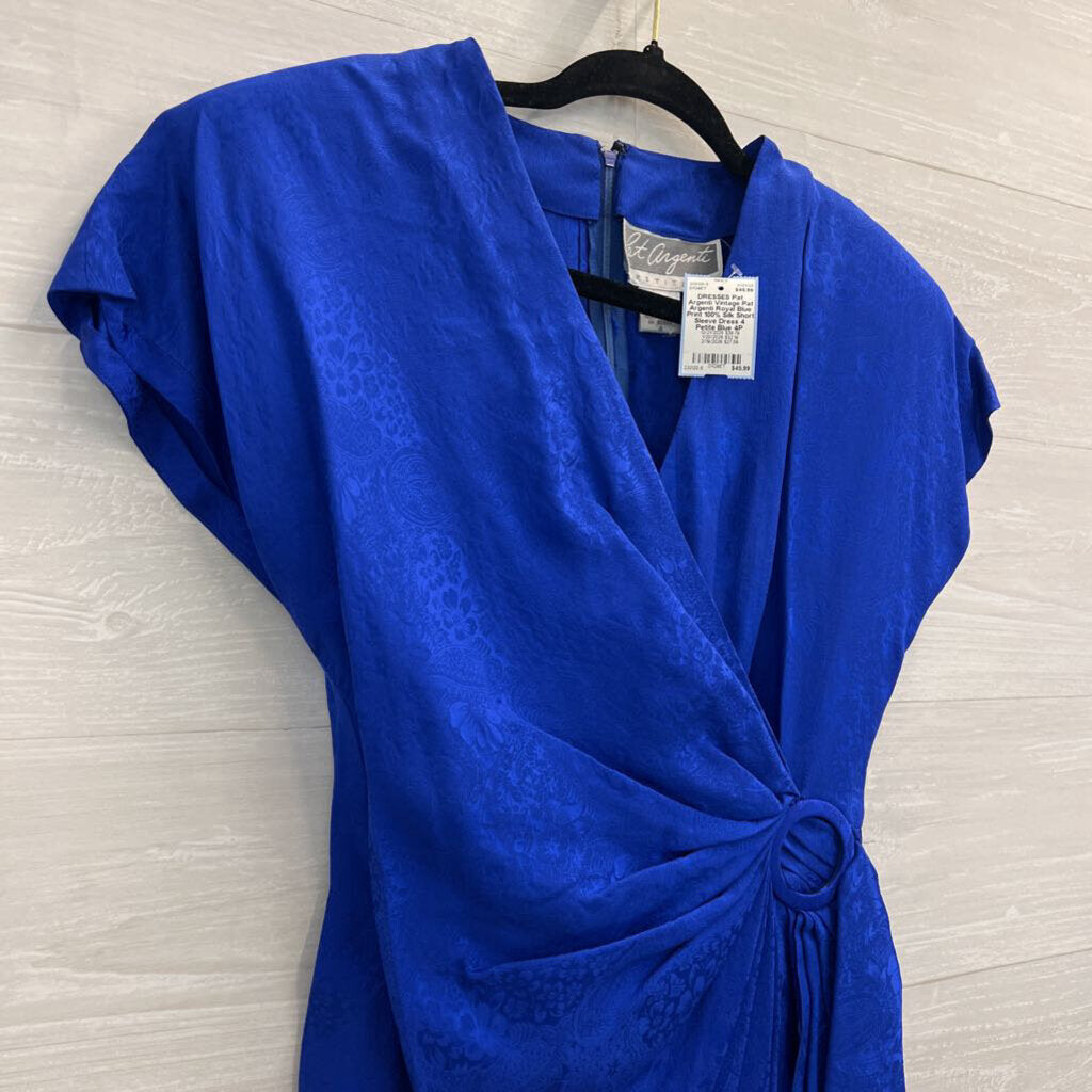 Vintage Pat Argenti Royal Blue Print 100% Silk Short Sleeve Dress 4 Petite