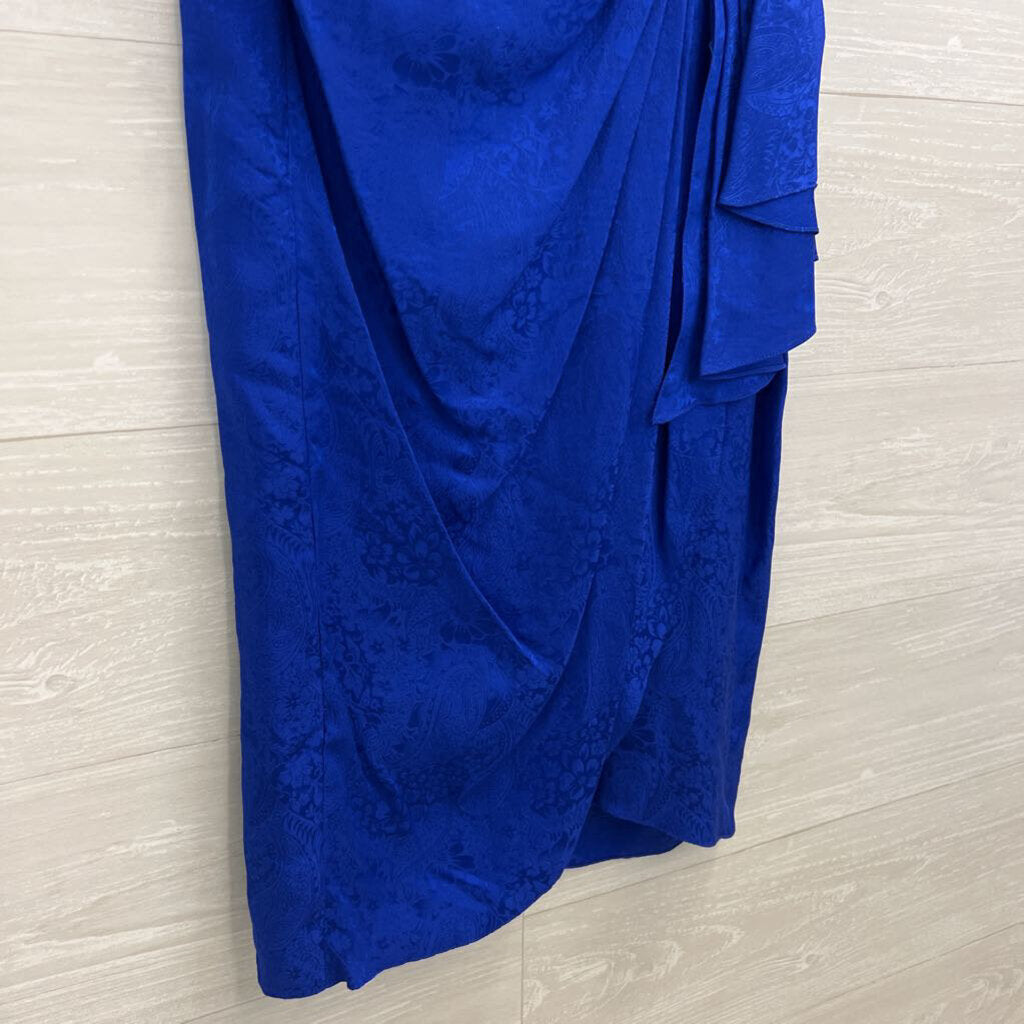 Vintage Pat Argenti Royal Blue Print 100% Silk Short Sleeve Dress 4 Petite