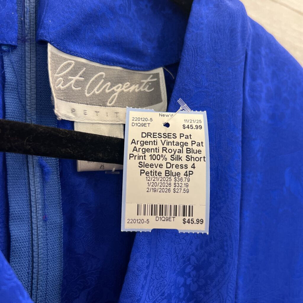 Vintage Pat Argenti Royal Blue Print 100% Silk Short Sleeve Dress 4 Petite