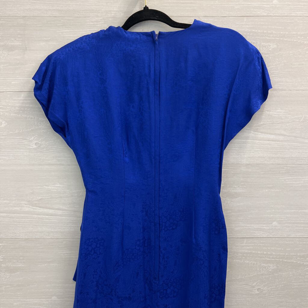 Vintage Pat Argenti Royal Blue Print 100% Silk Short Sleeve Dress 4 Petite