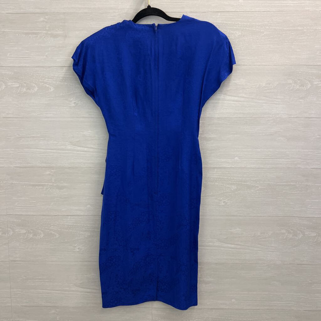 Vintage Pat Argenti Royal Blue Print 100% Silk Short Sleeve Dress 4 Petite