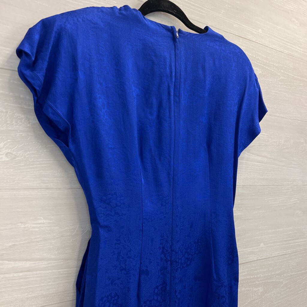Vintage Pat Argenti Royal Blue Print 100% Silk Short Sleeve Dress 4 Petite