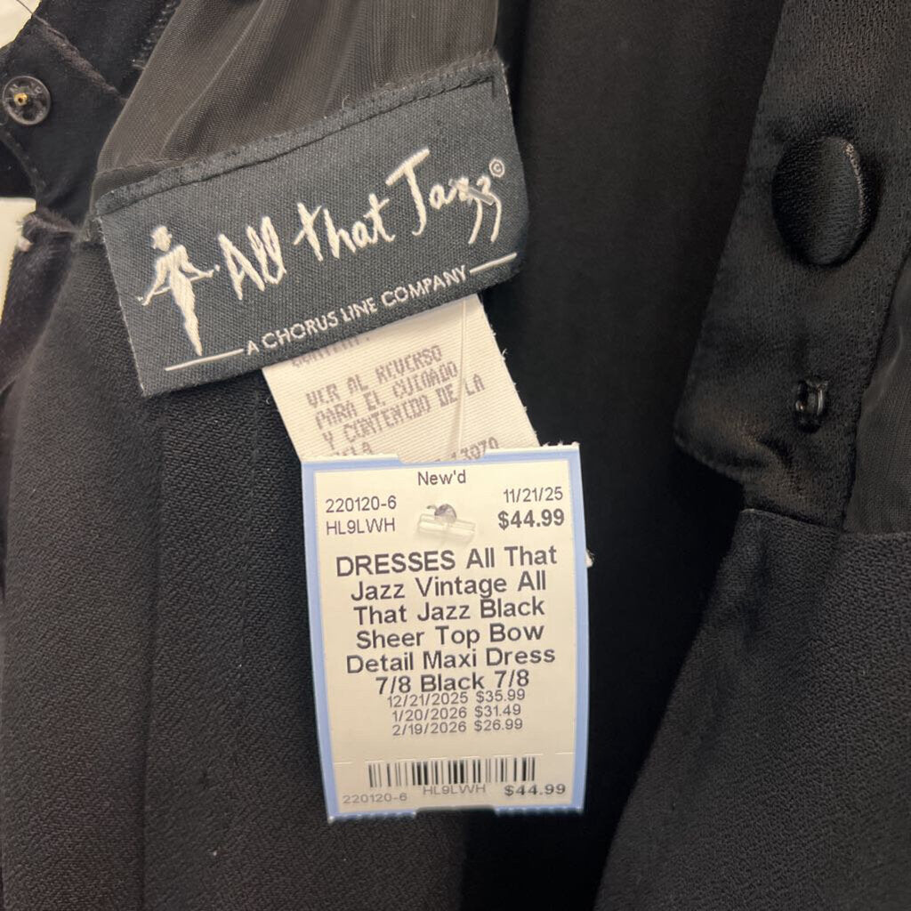 Vintage All That Jazz Black Sheer Top Bow Detail Maxi Dress 7/8