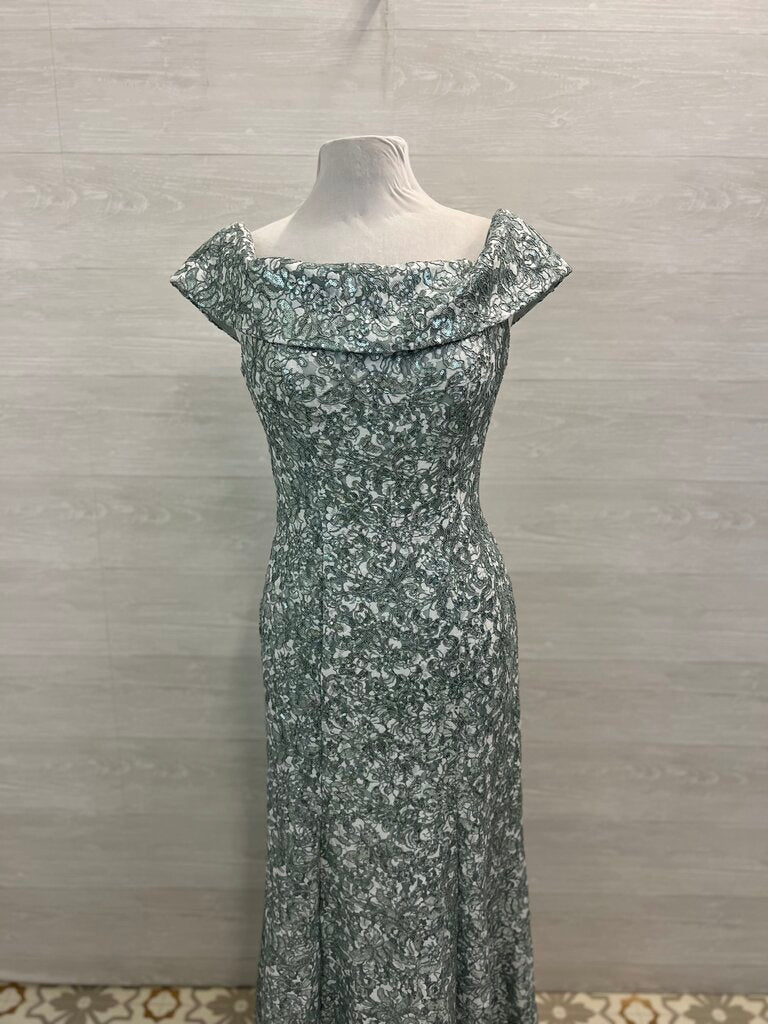 Jeanne Alexander Mint Green Sequin Lace Off Shoulder Long Formal Dress 10