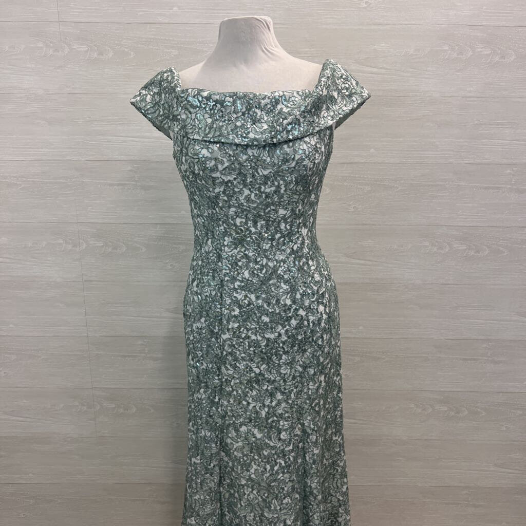 Jeanne Alexander Mint Green Sequin Lace Off Shoulder Long Formal Dress 10