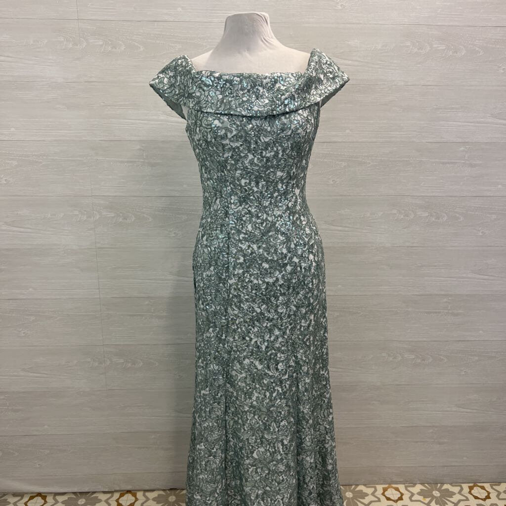 Jeanne Alexander Mint Green Sequin Lace Off Shoulder Long Formal Dress 10