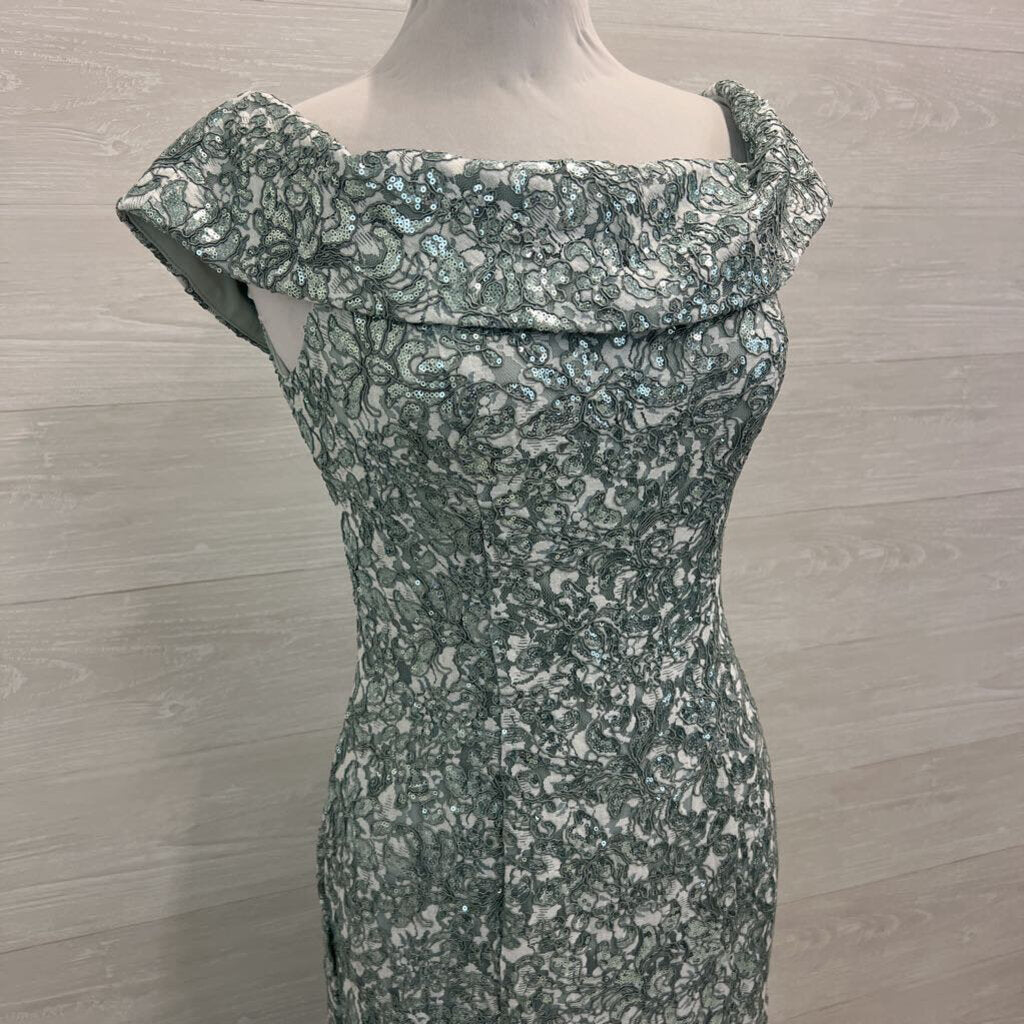 Jeanne Alexander Mint Green Sequin Lace Off Shoulder Long Formal Dress 10