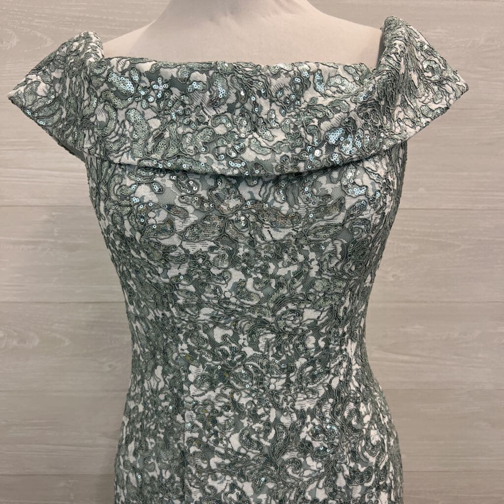 Jeanne Alexander Mint Green Sequin Lace Off Shoulder Long Formal Dress 10