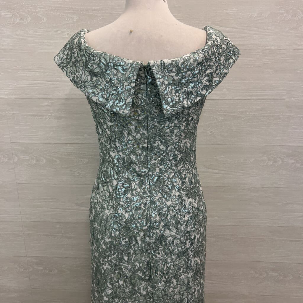 Jeanne Alexander Mint Green Sequin Lace Off Shoulder Long Formal Dress 10