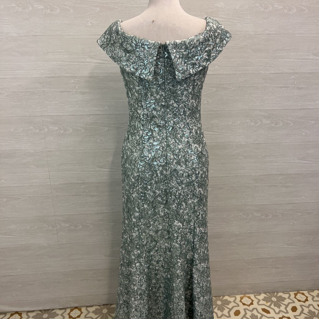 Jeanne Alexander Mint Green Sequin Lace Off Shoulder Long Formal Dress 10