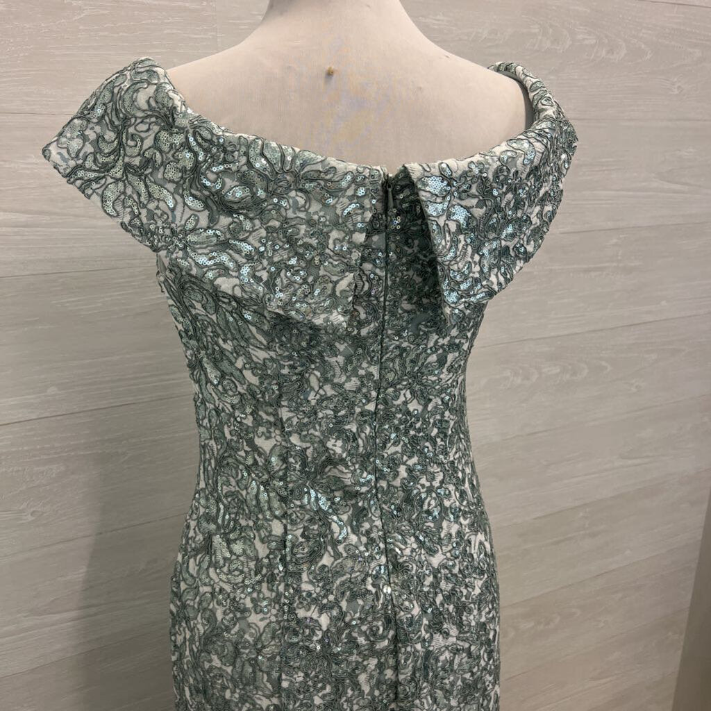 Jeanne Alexander Mint Green Sequin Lace Off Shoulder Long Formal Dress 10