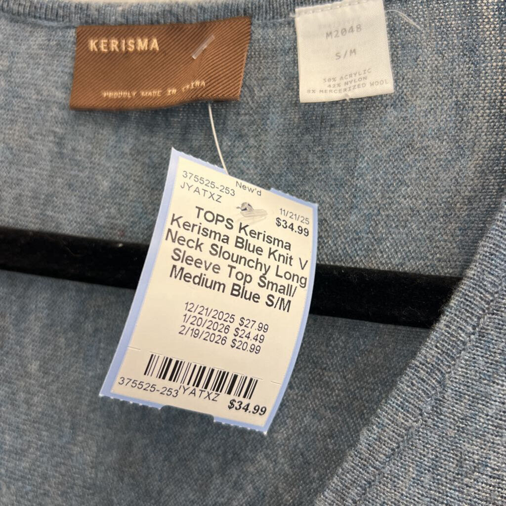 Kerisma Blue Knit V Neck Slounchy Long Sleeve Top Small/ Medium