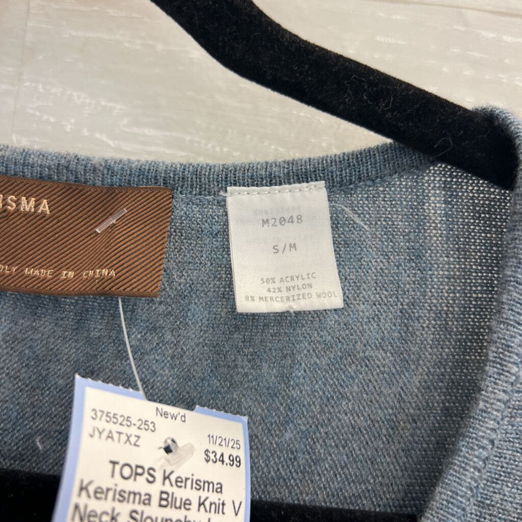 Kerisma Blue Knit V Neck Slounchy Long Sleeve Top Small/ Medium