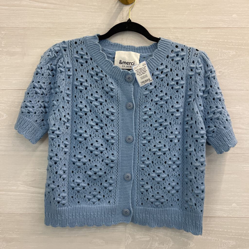and merci Blue Knit Cropped Short Sleeve Cardigan Large