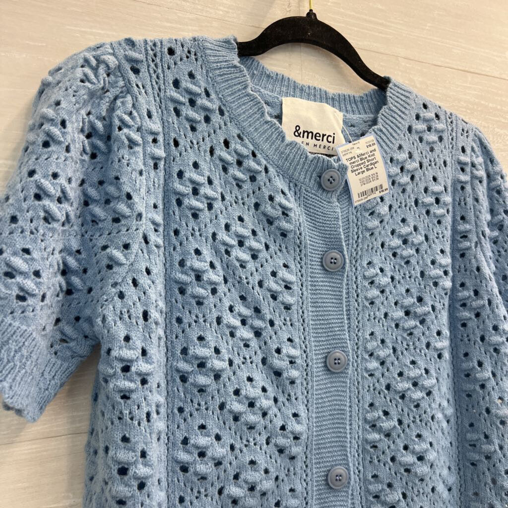 and merci Blue Knit Cropped Short Sleeve Cardigan Large