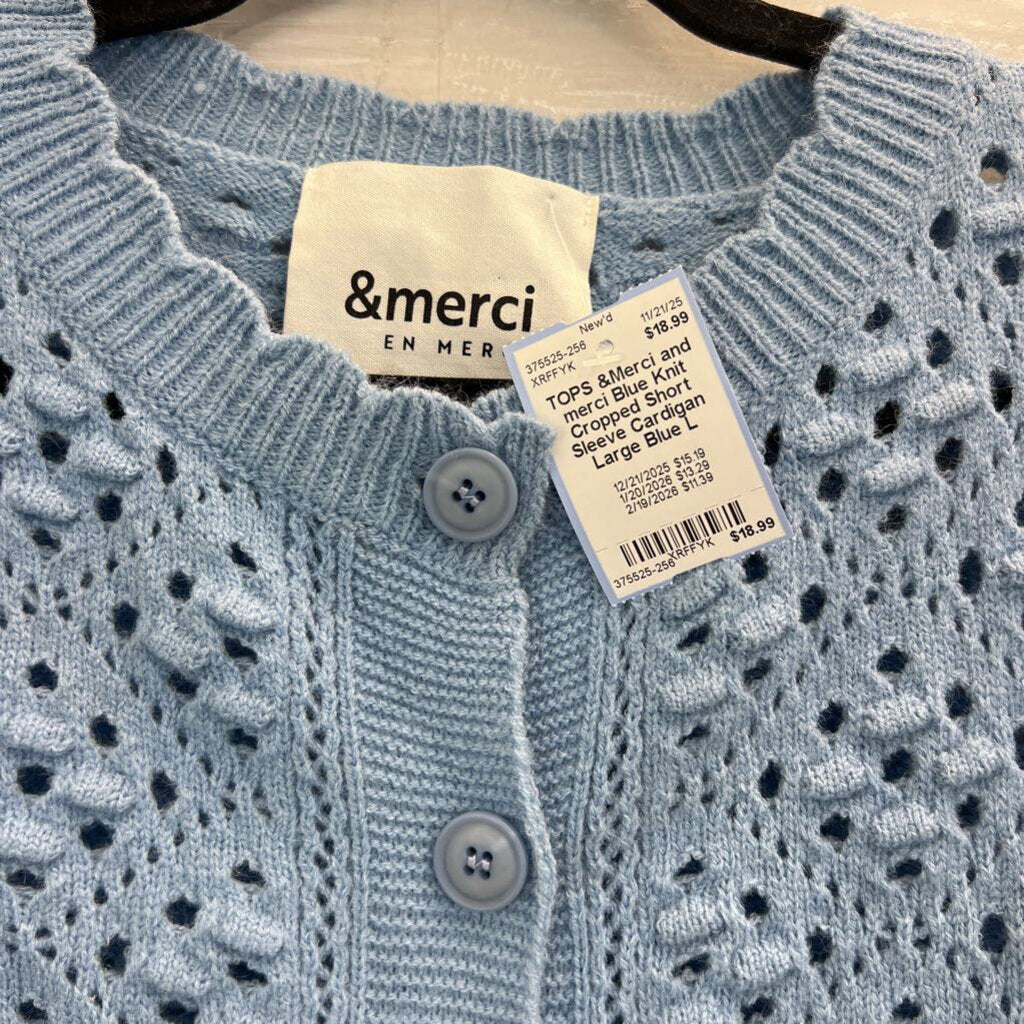 and merci Blue Knit Cropped Short Sleeve Cardigan Large