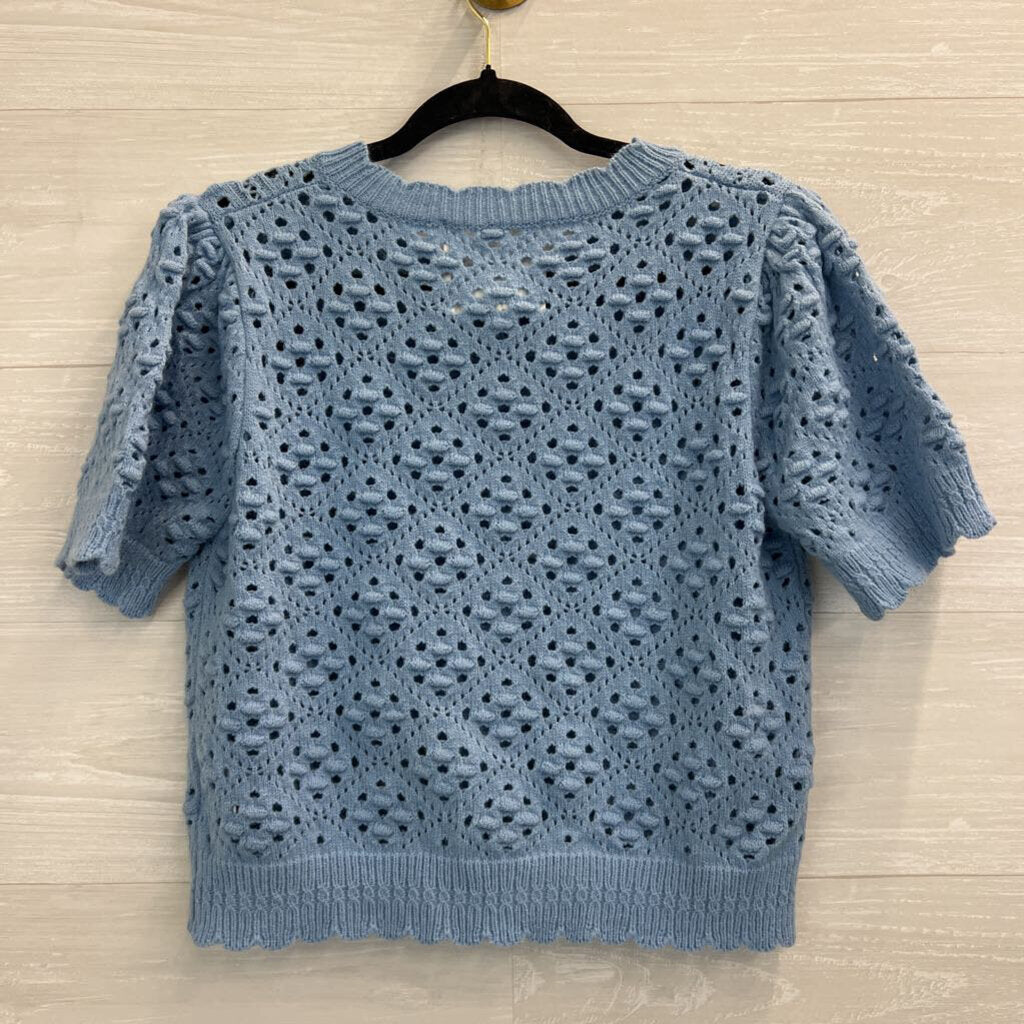 and merci Blue Knit Cropped Short Sleeve Cardigan Large