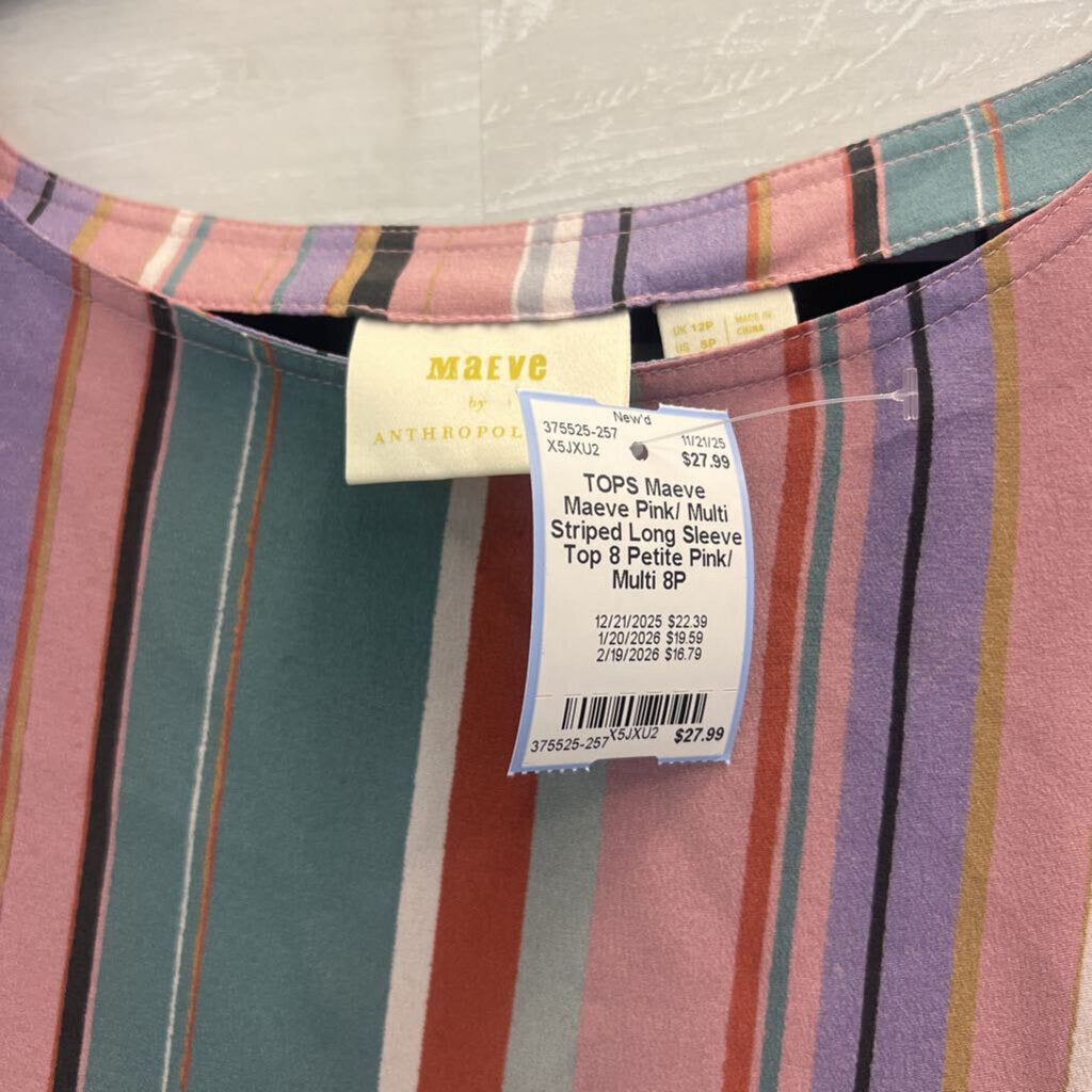Maeve Pink/ Multi Striped Long Sleeve Top 8 Petite
