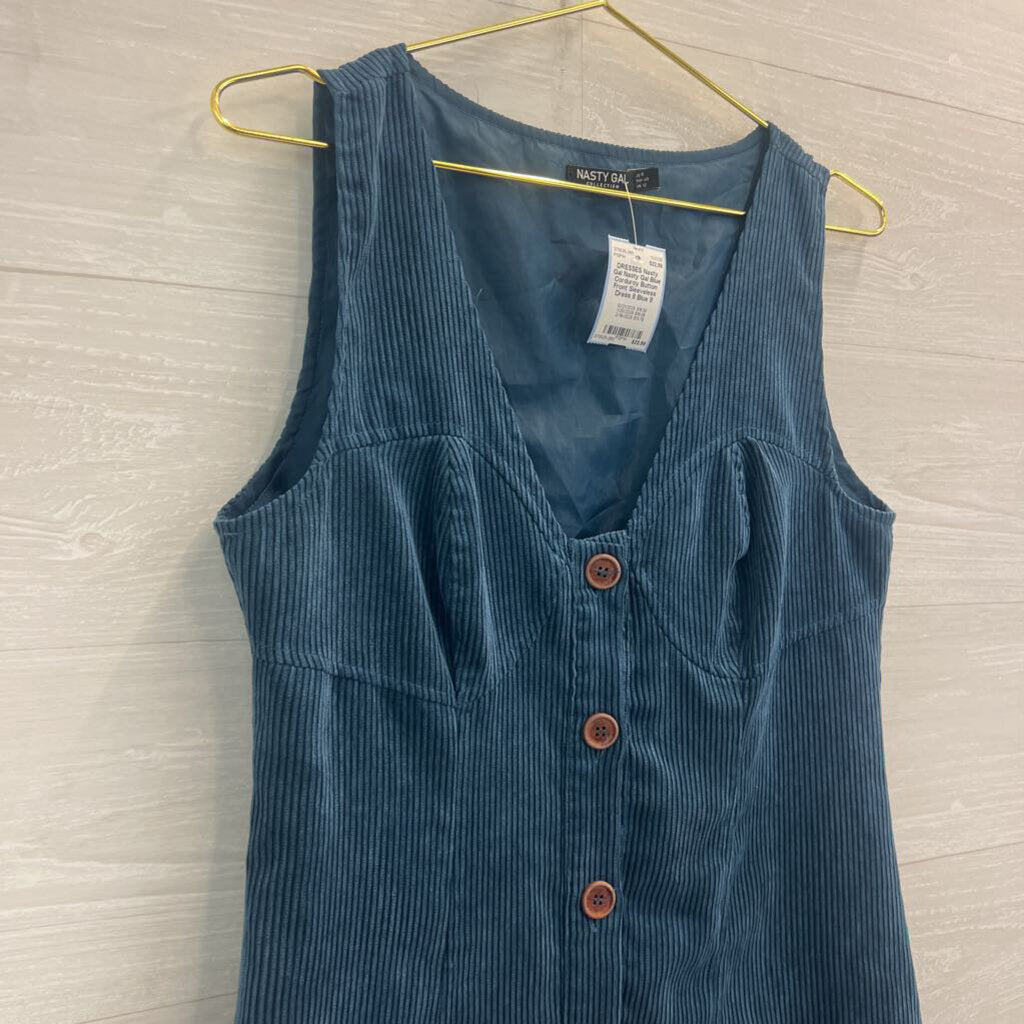Nasty Gal Blue Corduroy Button Front Sleeveless Dress 8