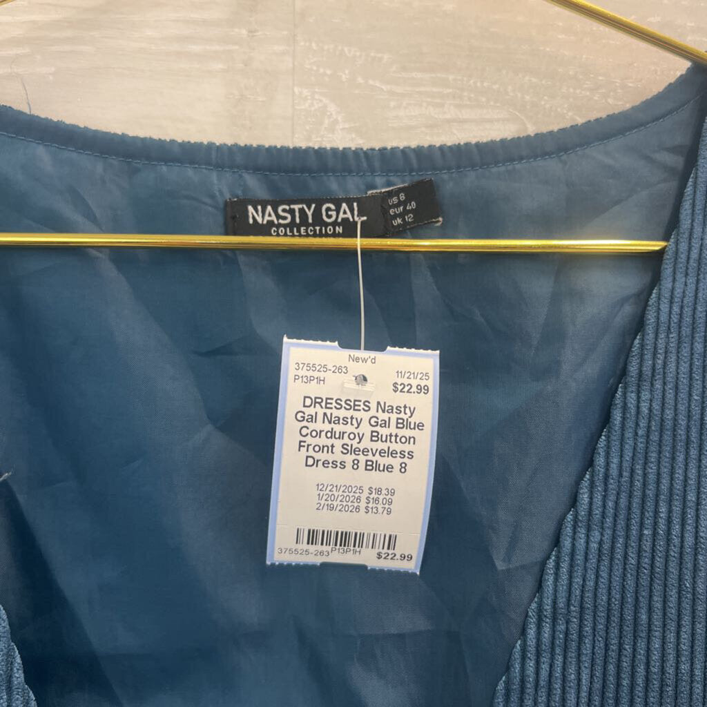 Nasty Gal Blue Corduroy Button Front Sleeveless Dress 8