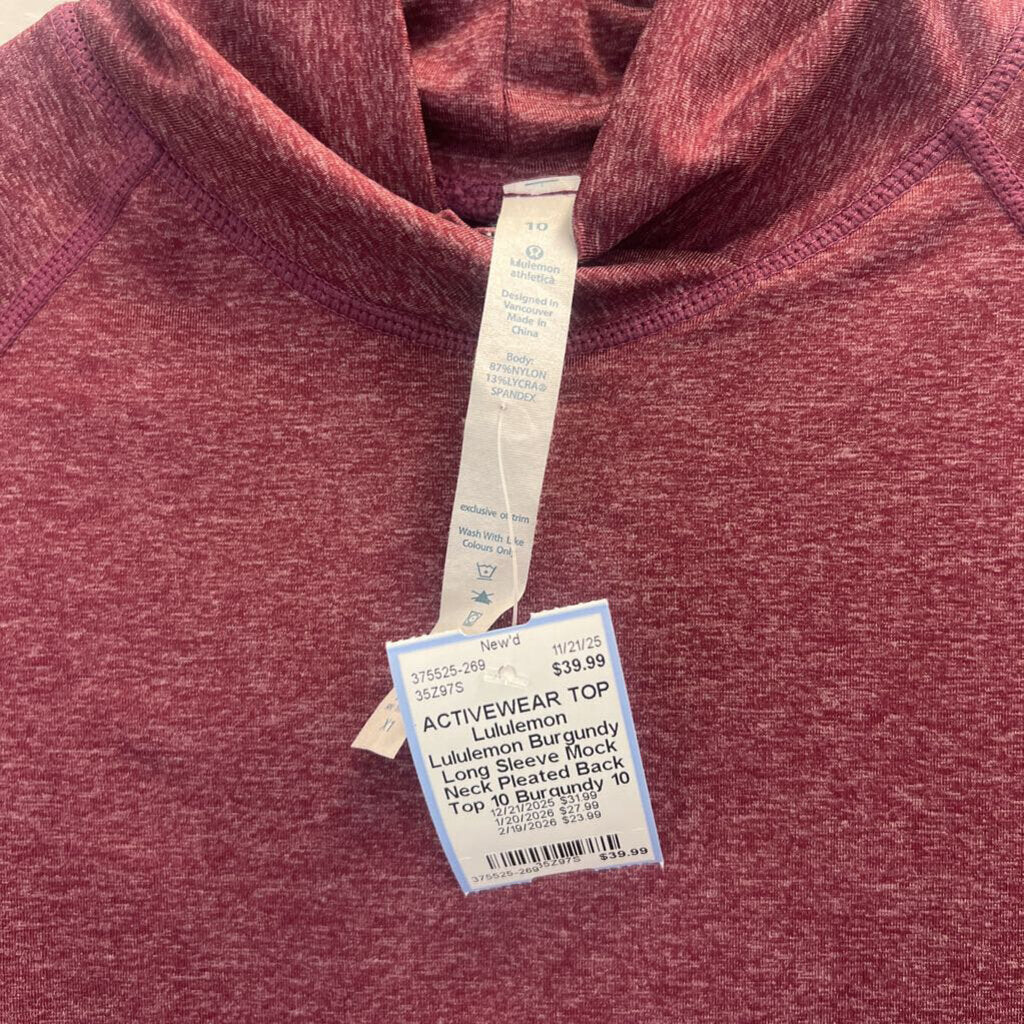 Lululemon Burgundy Long Sleeve Mock Neck Pleated Back Top 10
