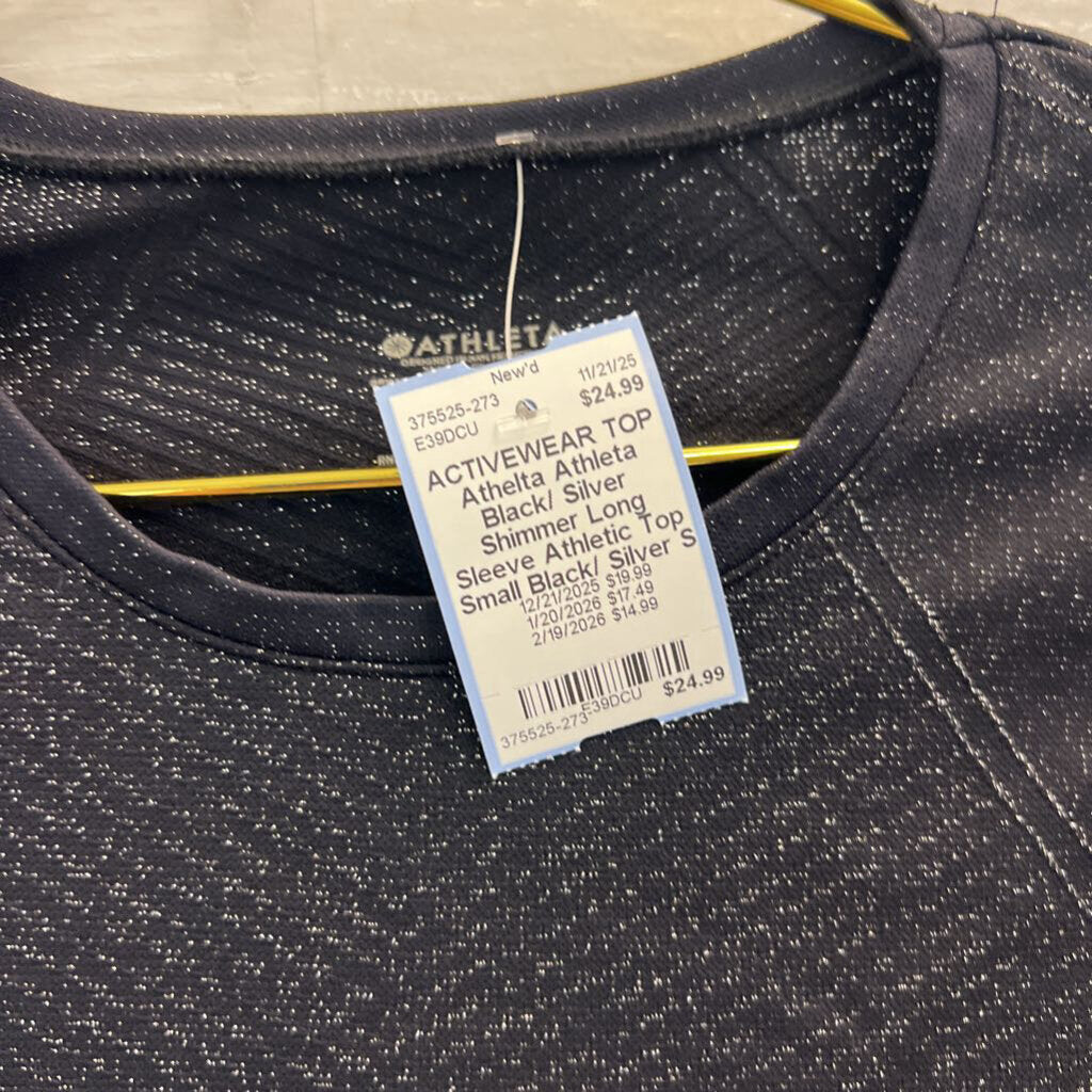 Athleta Black/ Silver Shimmer Long Sleeve Athletic Top Small