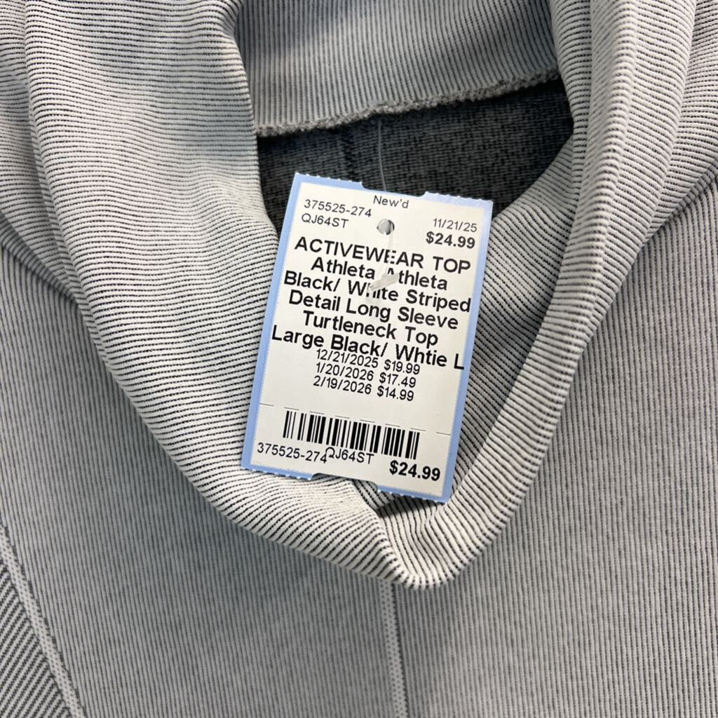 Athleta Black/ White Striped Detail Long Sleeve Turtleneck Top Large