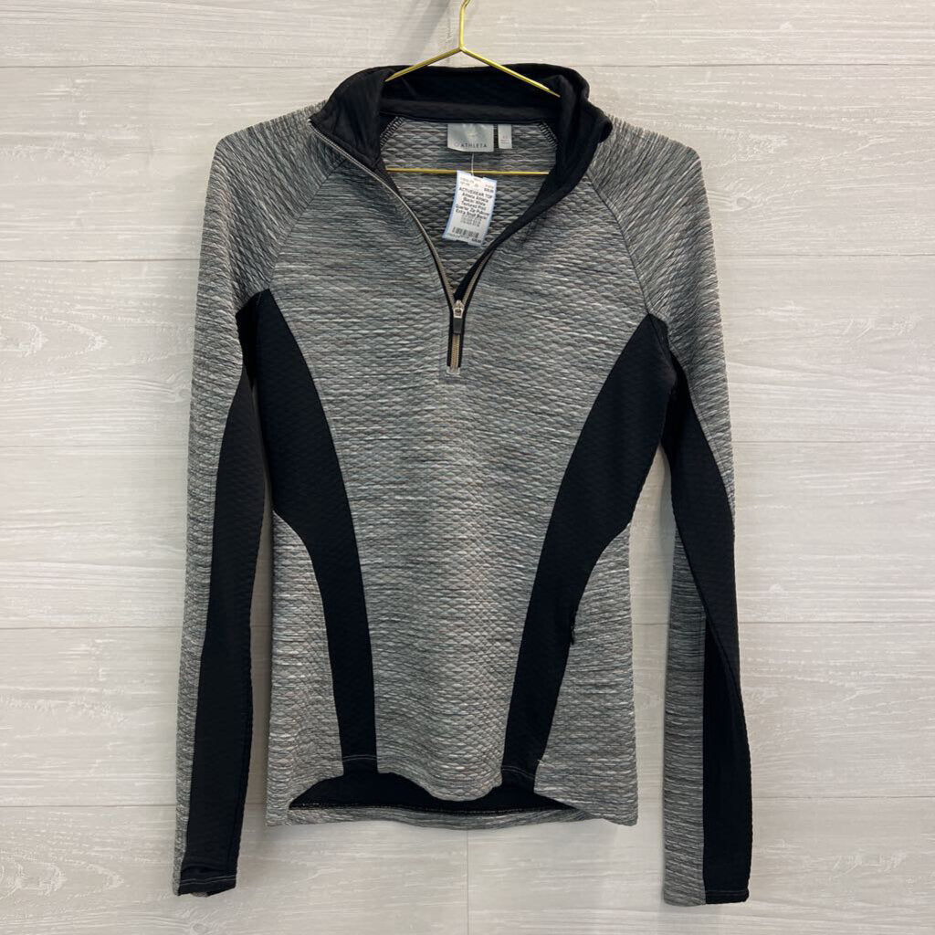 Athleta Black/ White Textured Print Quarter Zip Pullover Extra Small