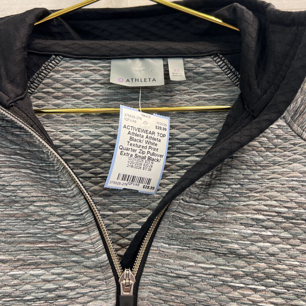 Athleta Black/ White Textured Print Quarter Zip Pullover Extra Small
