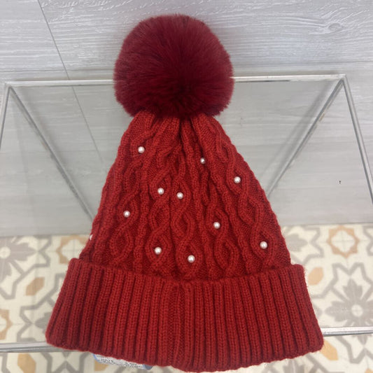 Top It Off Red Cable Knit Pearl Detail Beanie One Size