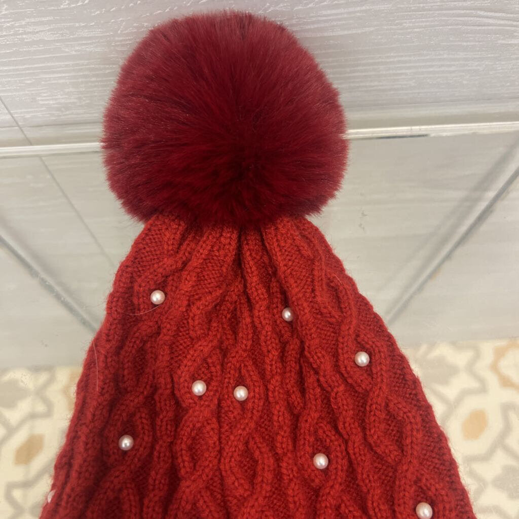 Top It Off Red Cable Knit Pearl Detail Beanie One Size