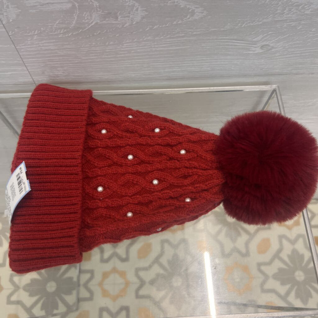 Top It Off Red Cable Knit Pearl Detail Beanie One Size