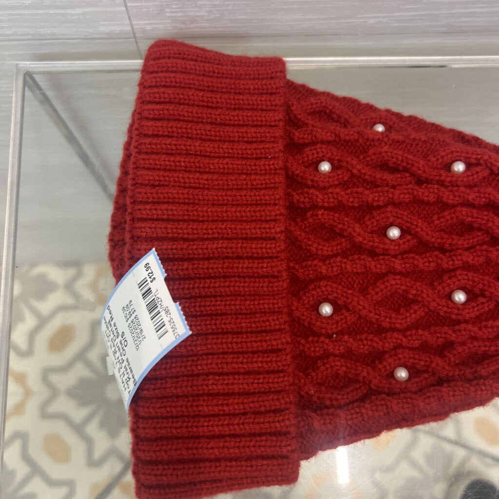 Top It Off Red Cable Knit Pearl Detail Beanie One Size
