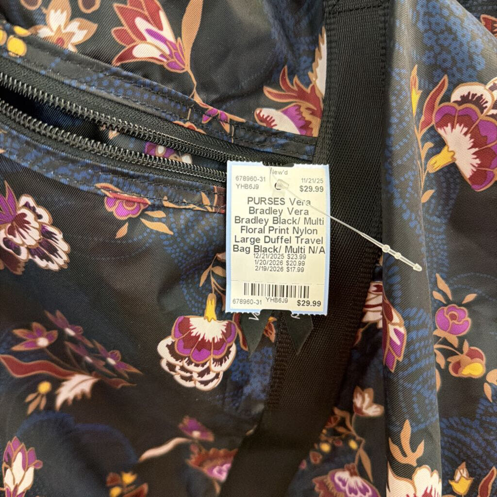 Vera Bradley Black/ Multi Floral Print Nylon Large Duffel Travel Bag