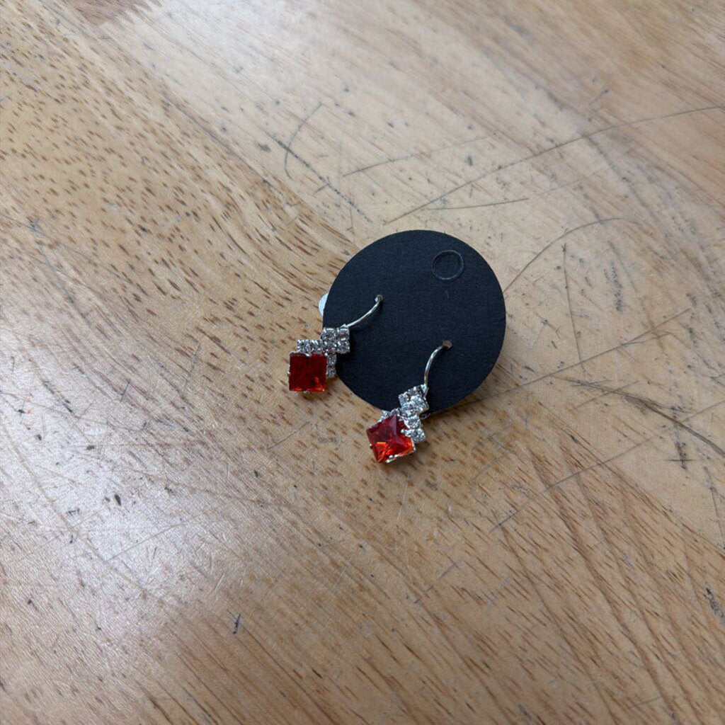 Silver/ Red Stone/ Rhinestone Small Drop Earrings