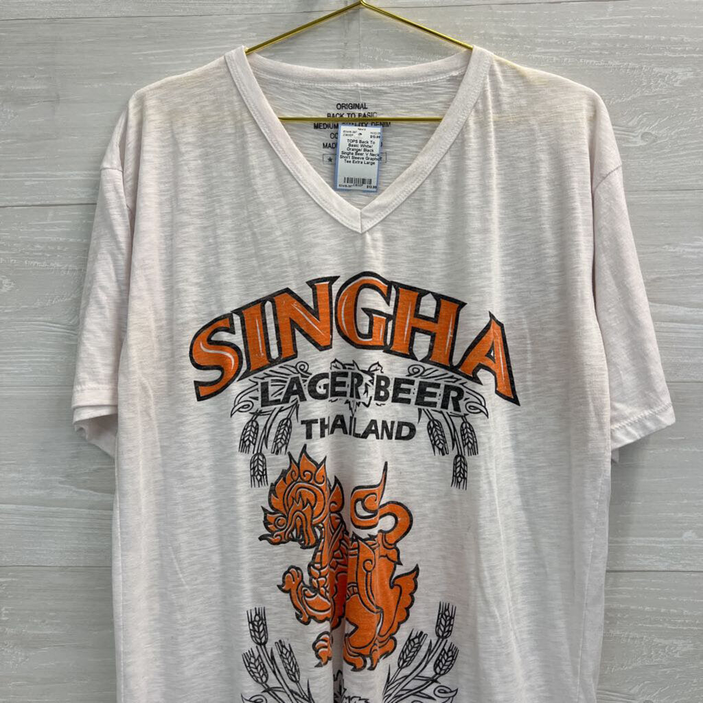 White/ Orange/ Black Singha Beer V Neck Short Sleeve Graphic Tee Extra Large