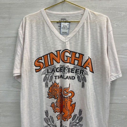 White/ Orange/ Black Singha Beer V Neck Short Sleeve Graphic Tee Extra Large