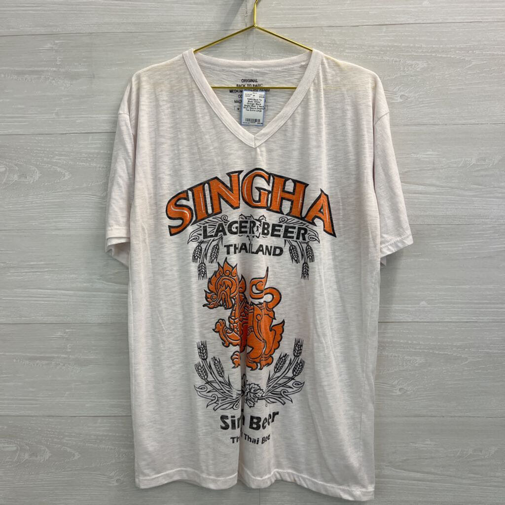 White/ Orange/ Black Singha Beer V Neck Short Sleeve Graphic Tee Extra Large