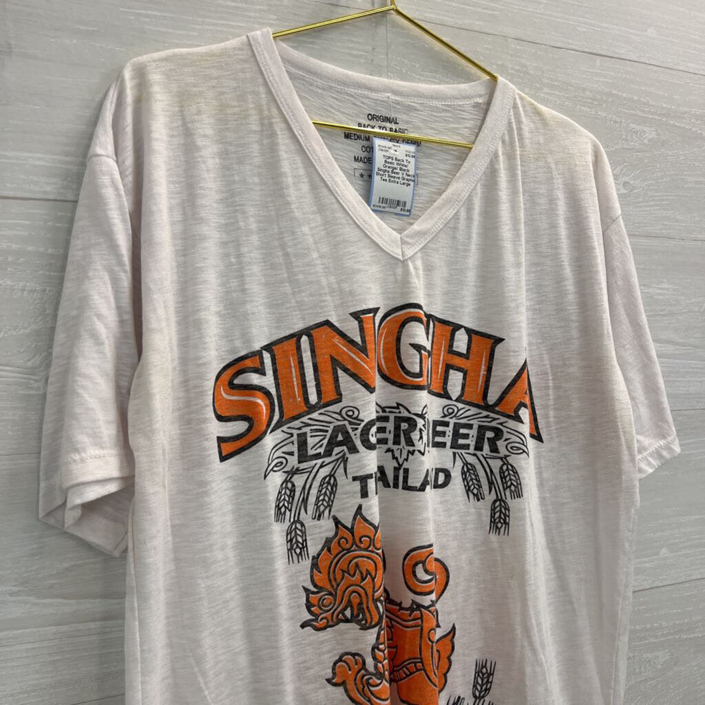 White/ Orange/ Black Singha Beer V Neck Short Sleeve Graphic Tee Extra Large