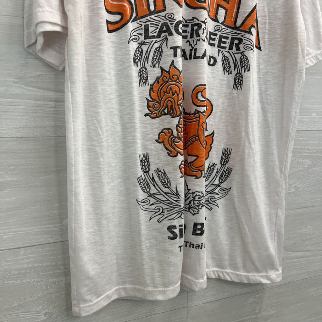 White/ Orange/ Black Singha Beer V Neck Short Sleeve Graphic Tee Extra Large