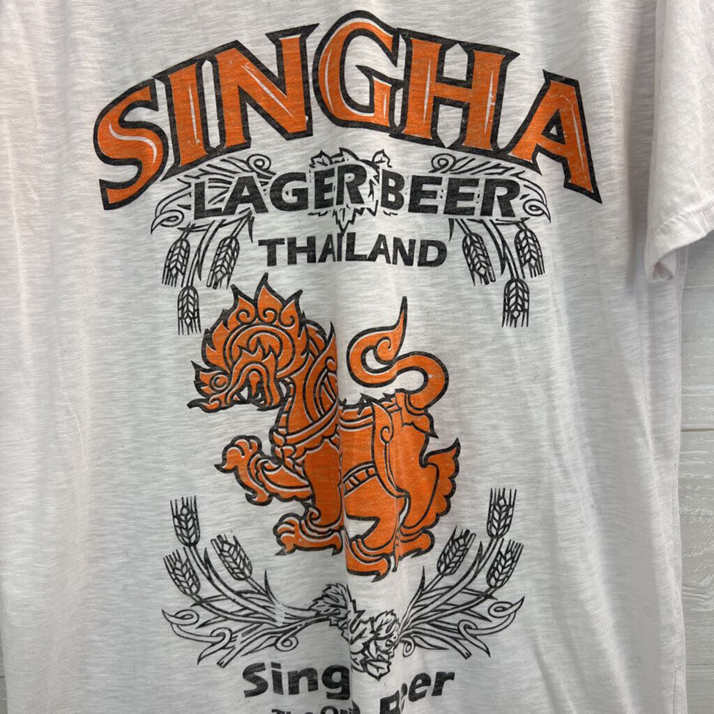 White/ Orange/ Black Singha Beer V Neck Short Sleeve Graphic Tee Extra Large
