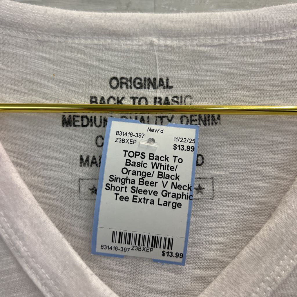 White/ Orange/ Black Singha Beer V Neck Short Sleeve Graphic Tee Extra Large