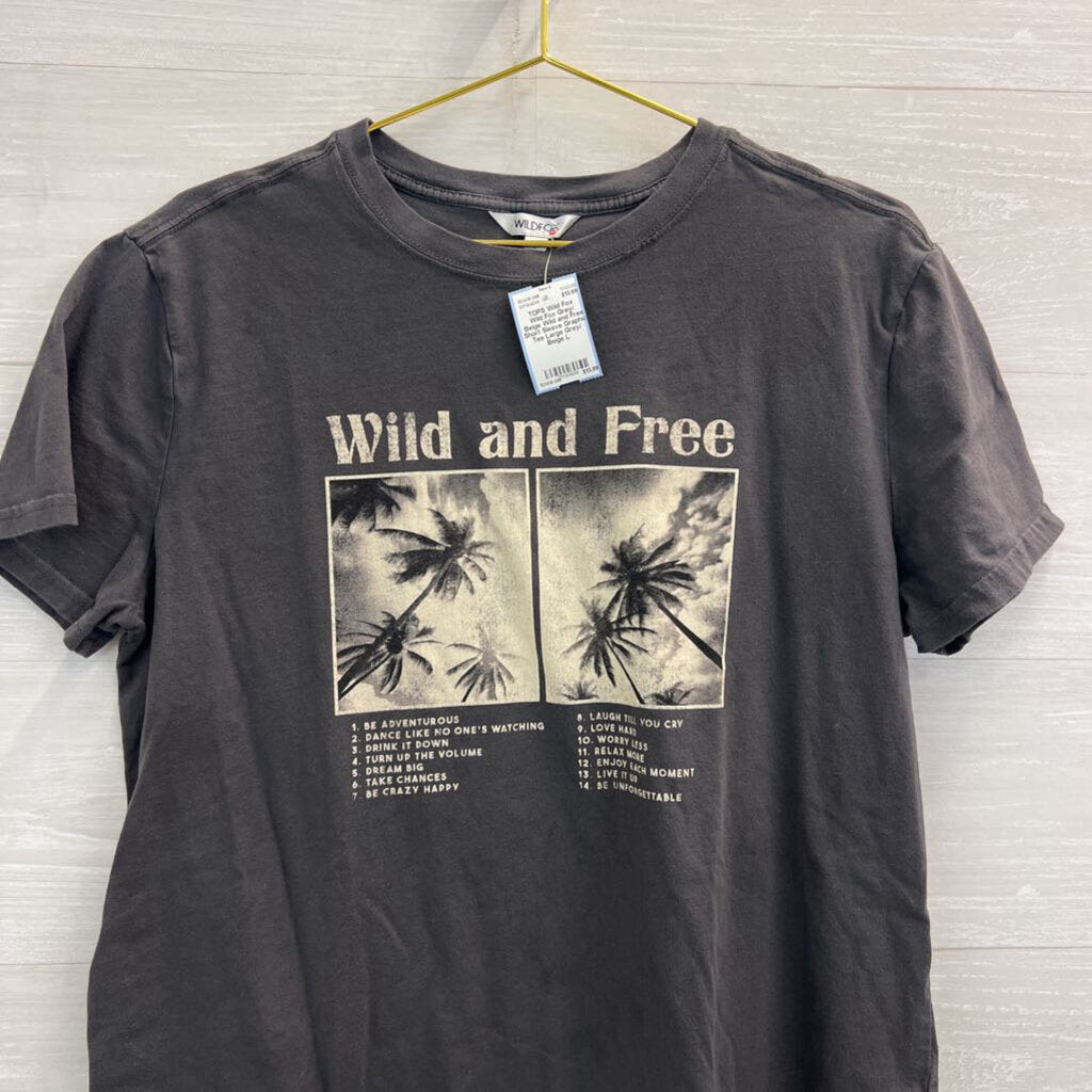 Wild Fox Grey/ Beige Wild and Free Short Sleeve Graphic Tee Large