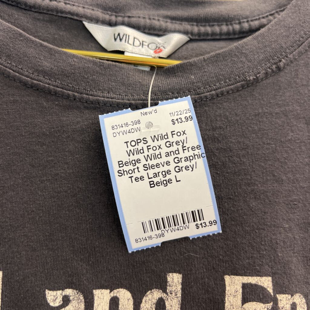 Wild Fox Grey/ Beige Wild and Free Short Sleeve Graphic Tee Large
