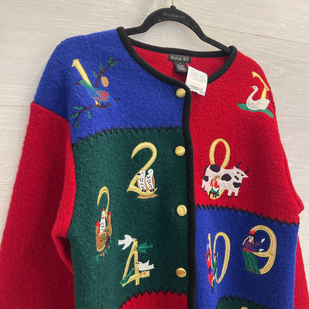 Vintage Tally Ho Red/ Multi 12 Days of Christmas Button Up Jacket Medium