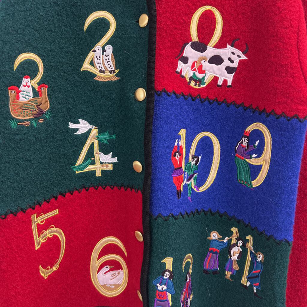 Vintage Tally Ho Red/ Multi 12 Days of Christmas Button Up Jacket Medium