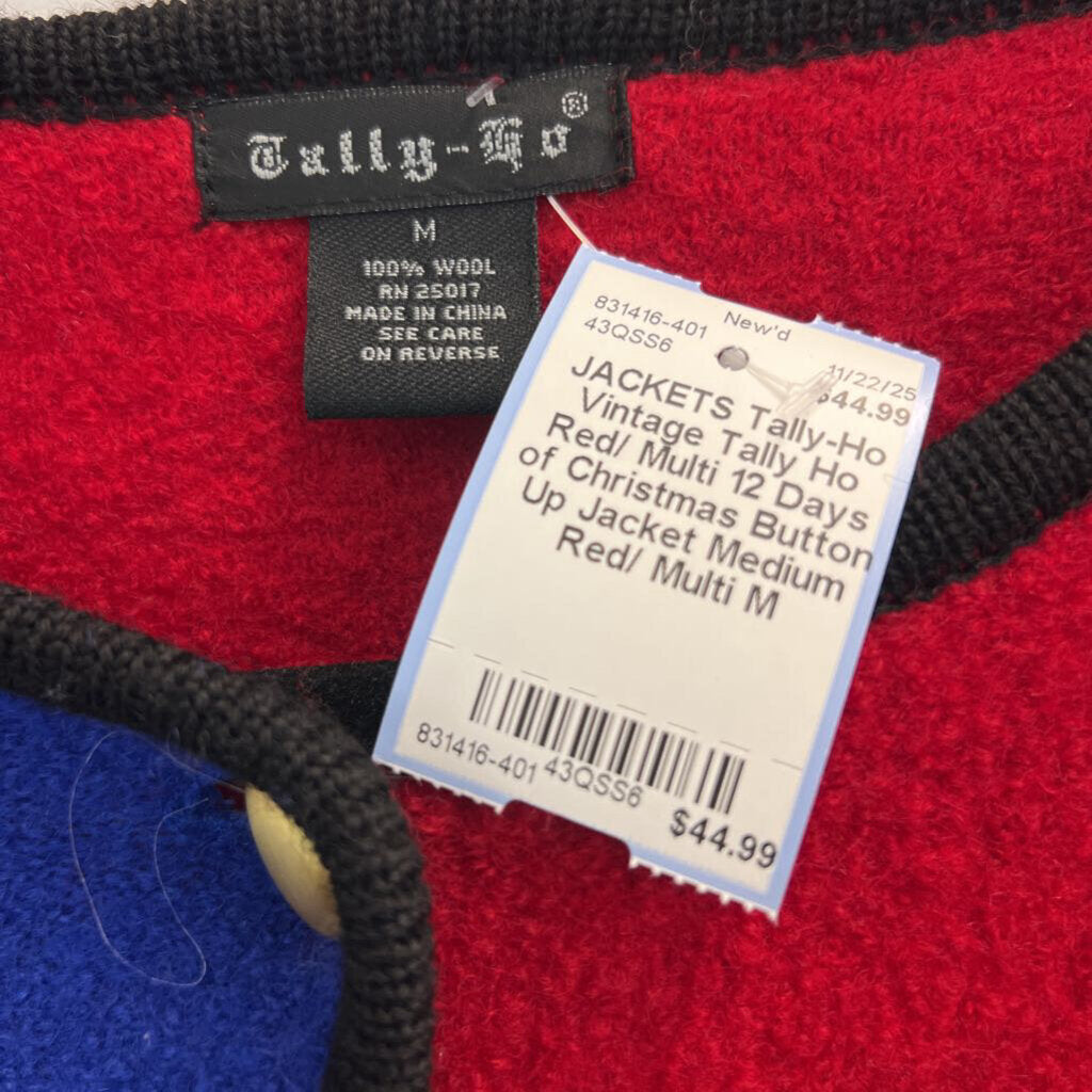 Vintage Tally Ho Red/ Multi 12 Days of Christmas Button Up Jacket Medium