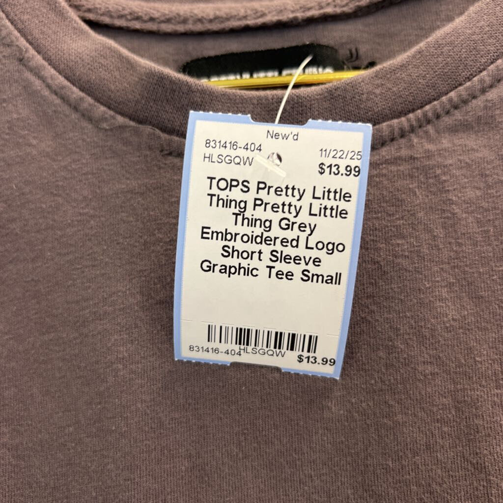 Pretty Little Thing Grey Embroidered Logo Short Sleeve Graphic Tee Small